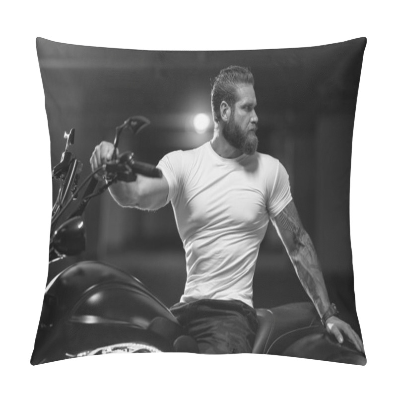 Personality  Sexy Handsome Attractive Sporty Muscular Fitness Model Breaded Biker In White Tight Tshirt Sits On Brutal Beautiful Motorcycle In The Parking, Black And White Photo Pillow Covers