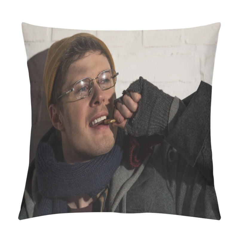 Personality  Homeless Beggar Man In Glasses Checking Metal Coin By Teeth Pillow Covers