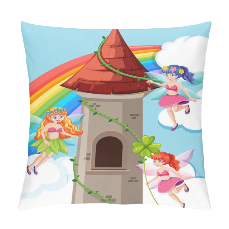 Personality  Fairy Tales And Castle Tower Cartoon Style On Rainbow Sky Backgroun Pillow Covers