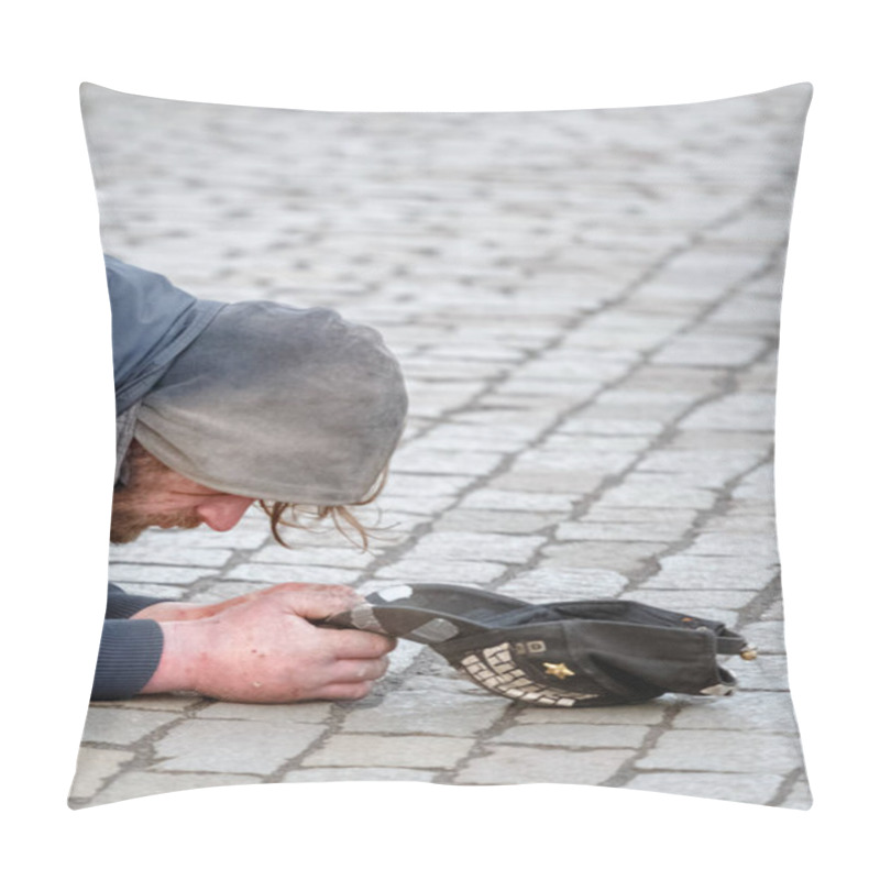 Personality  Prague, Czech Republic, 26.02.2018: Beggar Begging On His Knees Begging  Pillow Covers