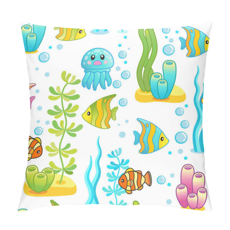 Personality  Vector Seamless Pattern With Underwater Design And Funny Sea Creatures. Aquarium Party Surface Design With Bright Tropical Fishes On The White Background. Pillow Covers