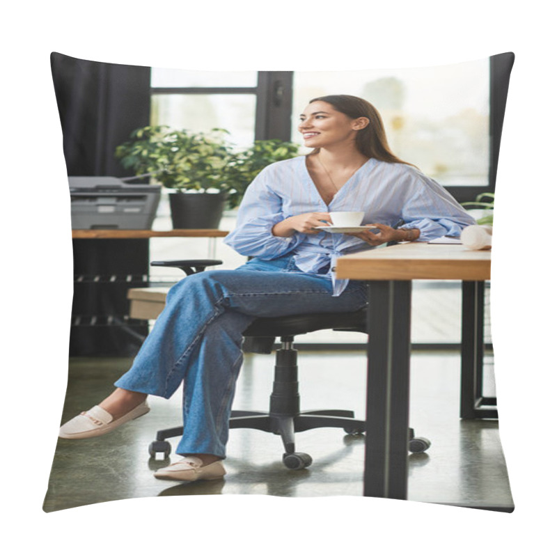 Personality  Bright And Relaxed Atmosphere As A Young Woman Enjoys Her Drink In A Stylish Office Space. Pillow Covers