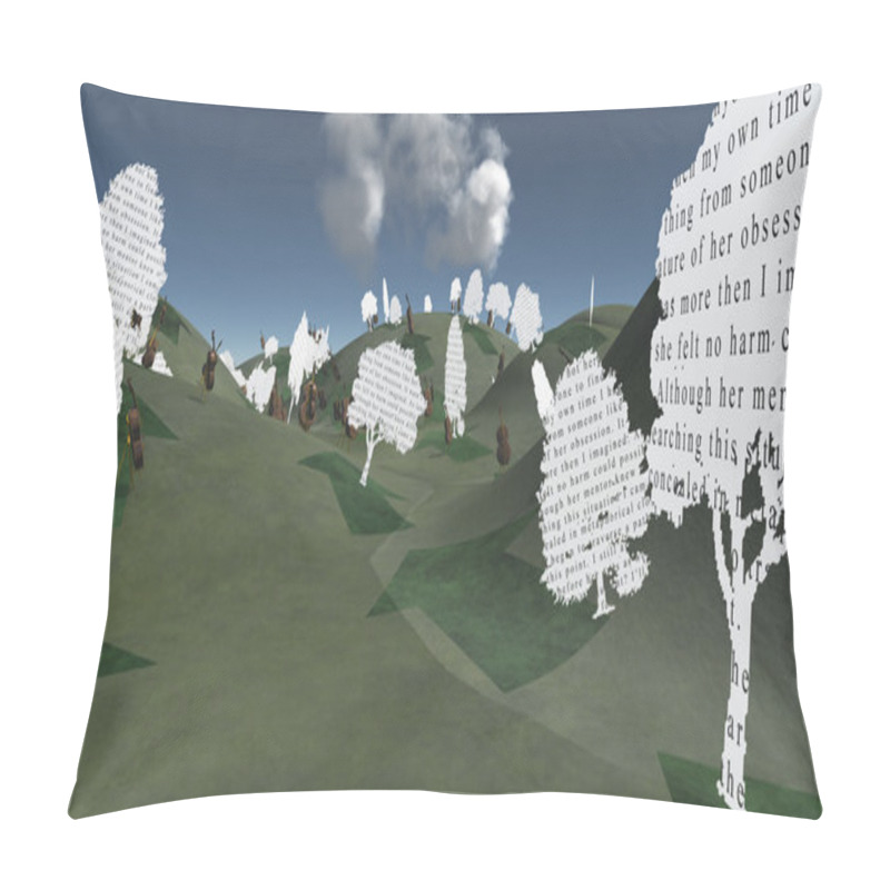 Personality  Paper Trees With Text And Cellos Sit In Hilly Landscape Pillow Covers