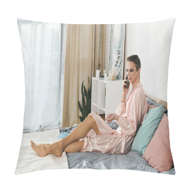 Personality  A Graceful Drag Queen Engages In A Phone Conversation While Seated On A Stylish Bed. Pillow Covers