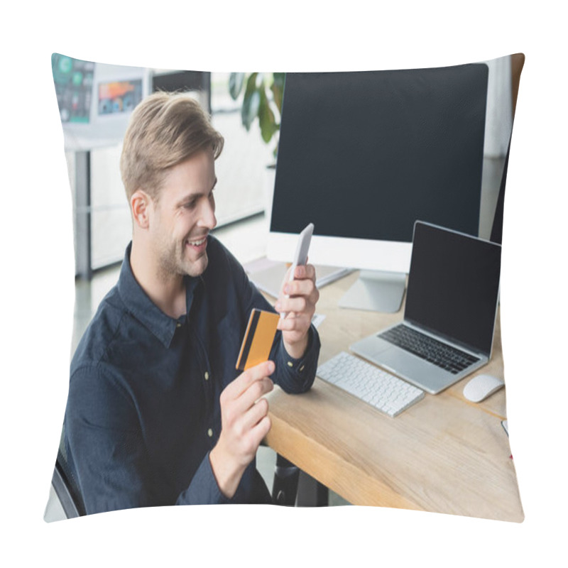 Personality  Positive Developer Using Smartphone And Credit Card Near Computers In Office  Pillow Covers