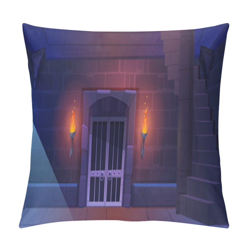 Personality  Castle Medieval Prison With Stone Wall. Game Dungeon Room With Door And Window Empty Dark Interior. Night Ancient Indoor Jail In Palace With Gate In Fortress Tower. 2d Rock Kingdom Building Scene Pillow Covers