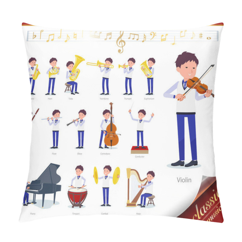 Personality  A Set Of Store Stuff Man On Classical Music Performances.There Are Actions To Play Various Instruments Such As String Instruments And Wind Instruments.It's Vector Art So It's Easy To Edit. Pillow Covers