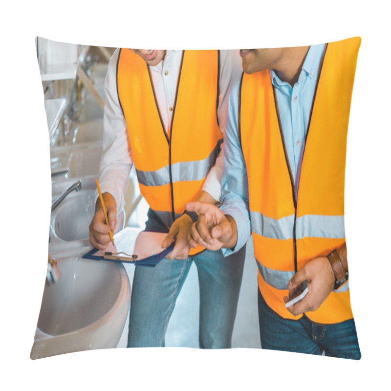 Personality  Cropped View Of Multicultural Colleagues In Safety Vests Working In Plumbing Department Pillow Covers