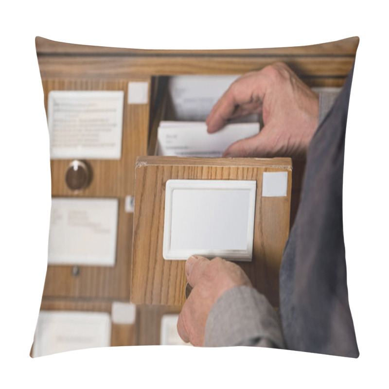 Personality  Cropped Image Of Senior Male Archivist Searching For Catalogs Pillow Covers