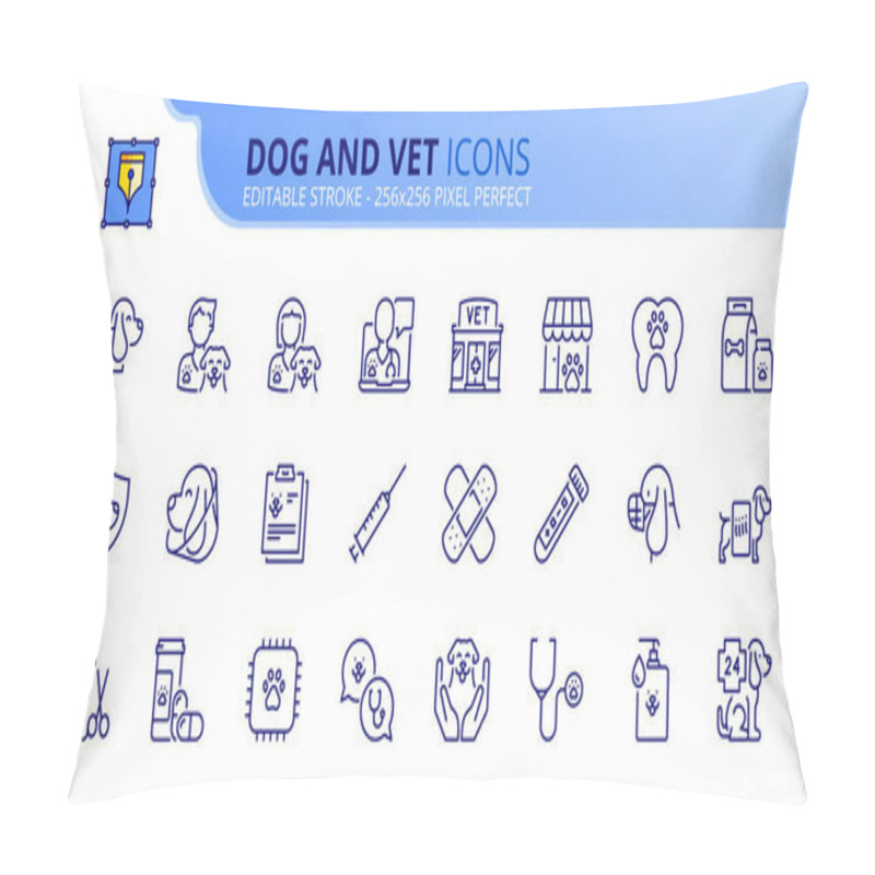 Personality  Outline Icons About Dogs And Vet. Pets. Contains Such Icons As Health Care, Dental Care, Test, Vaccines, Diagnosis, X-ray, Deworming And Urgency. Editable Stroke Vector 256x256 Pixel Perfect Pillow Covers