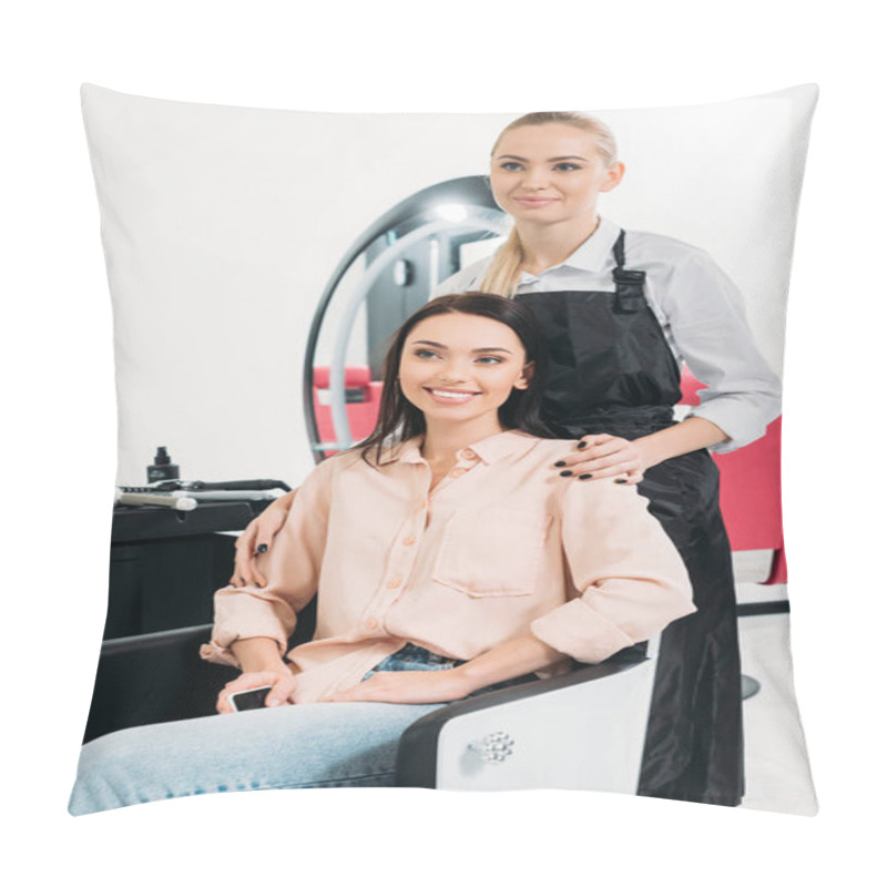 Personality  Hairdresser And Customer Looking At New Hairstyle Pillow Covers