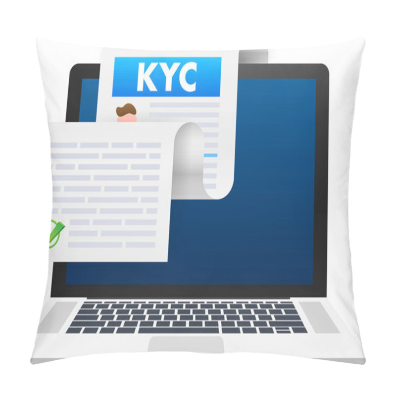 Personality  Kyc Verification Process With Digital Documents Emerging From Laptop Screen, Ensuring Secure Online Identity And Compliance Pillow Covers