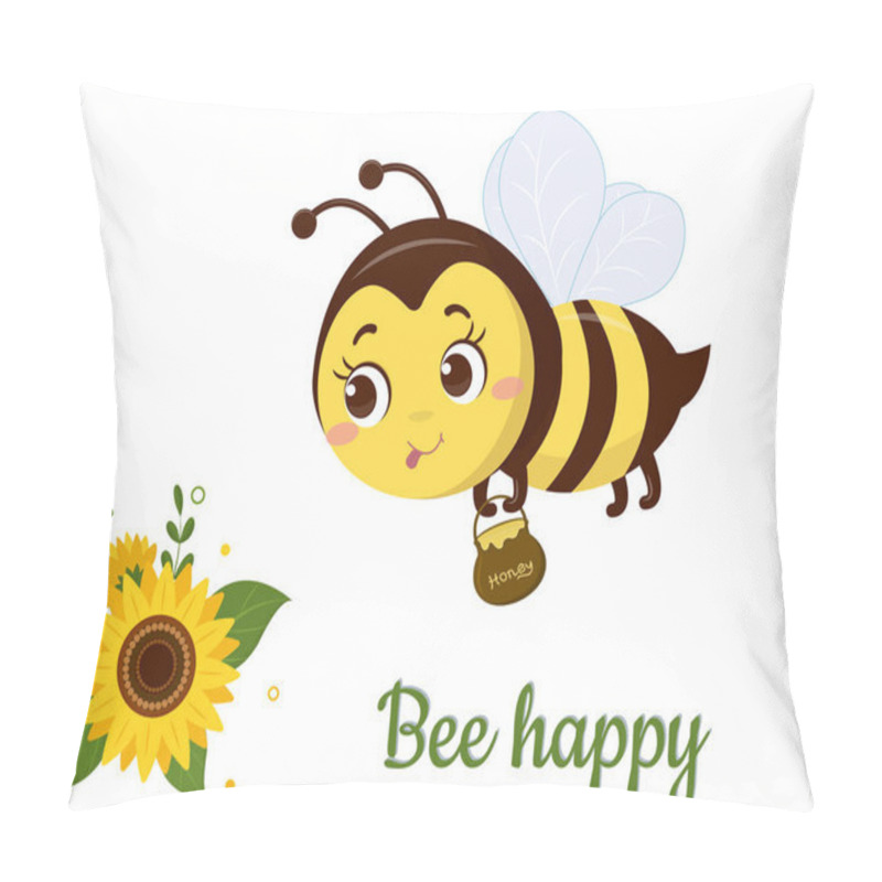 Personality  The Character Of A Cute Honey Bee With A Pot Of Honey Flies To A Sunflower Flower And Leaves On A White Background. Vector, Cartoon Style Pillow Covers