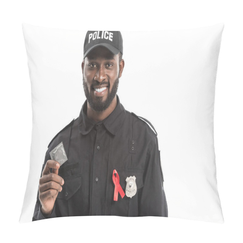 Personality  Happy African American Police Officer With Aids Awareness Red Ribbon Holding Condom Isolated On White Pillow Covers