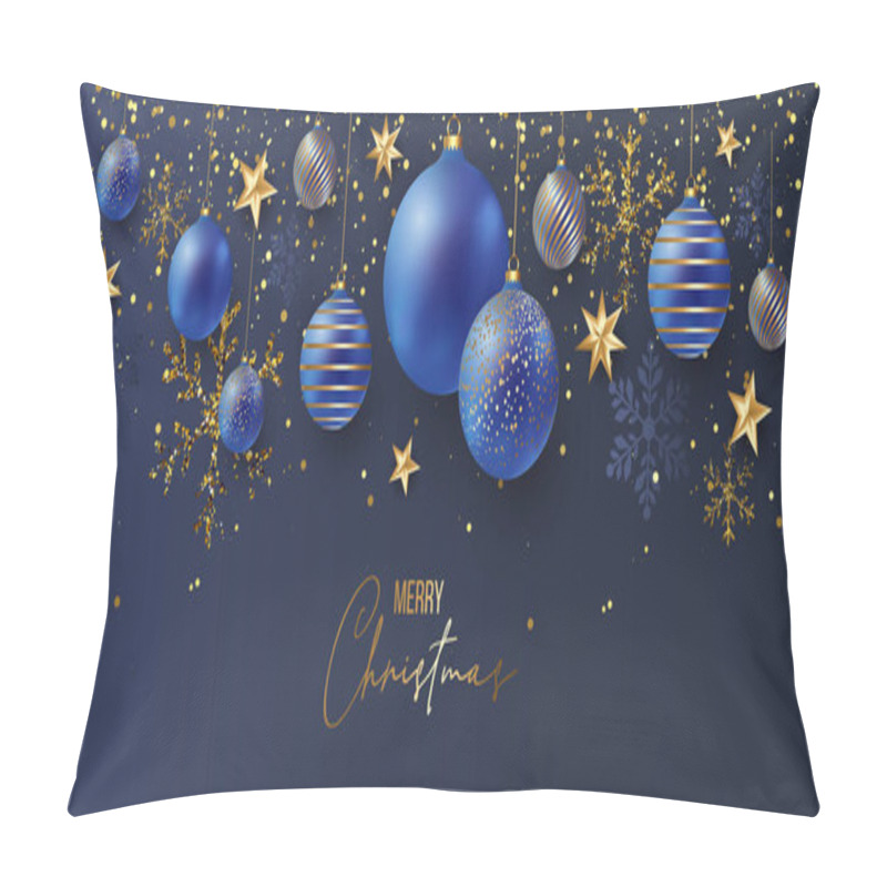 Personality  2022 Set Of Luxury Elegant Merry Christmas And Happy New Year Poster Template Cards, Gold Snowflakes And Balls On Blue Background. Vector Illustration. Snowflake Frame And Sparkles. Gold Christmas Balls. Pillow Covers