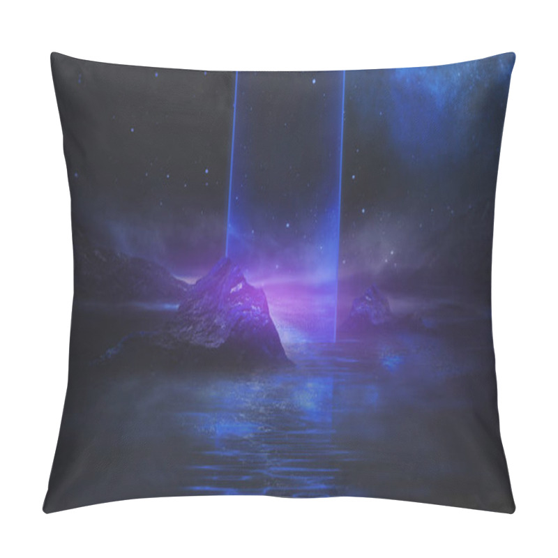 Personality  Futuristic Fantasy Night Landscape With Abstract Landscape And Island, Neon Figure, Glow, Neon. Dark Natural Scene With Light Reflection In Water. Neon Space Galaxy Portal. 3D Illustration.  Pillow Covers