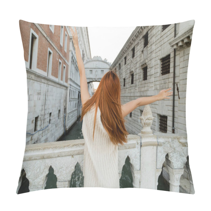 Personality  Back View Of Redhead Woman With Outstretched Hands Near Medieval Prison And Sighs Bridge In Venice Pillow Covers