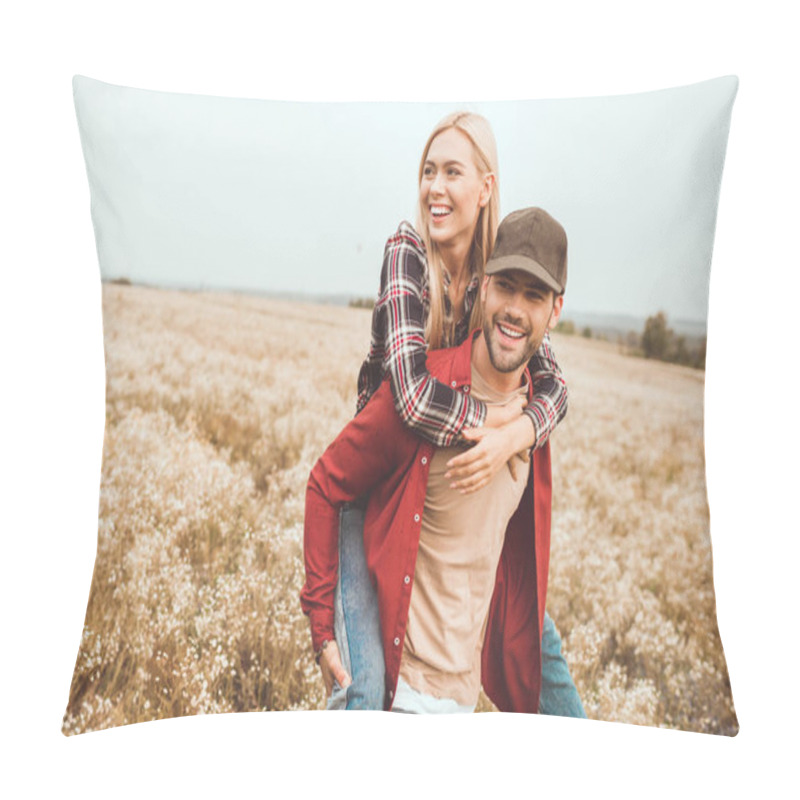 Personality  Happy Young Woman Piggybacking On Boyfriend In Flower Field Pillow Covers