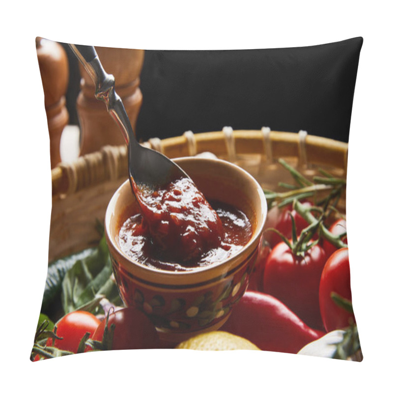 Personality  Close Up View Of Delicious Tomato Sauce With Spoon Near Fresh Ripe Vegetables In Basket Isolated On Black Pillow Covers