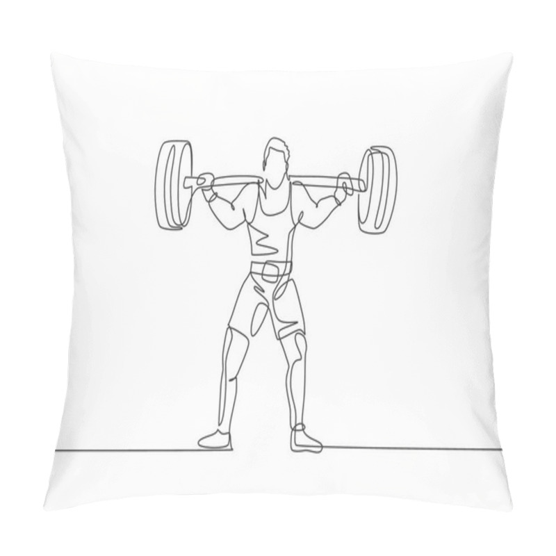 Personality  Single Continuous Line Drawing Of Young Strong Weightlifter Man Preparing For Barbell Workout In Gym. Weight Lifting Training Concept. Trendy One Line Draw Design Graphic Vector Illustration Pillow Covers