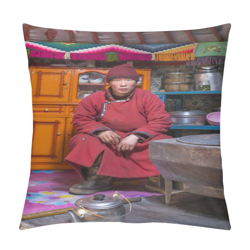 Personality  Hatgal, Mongolia, 2nd March 2018: Mongolian Man In The Kitchen Of His Family Ger (yurt) Pillow Covers