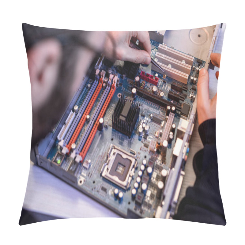 Personality  Cropped Image  Of Man Fixing Motherboard Pillow Covers