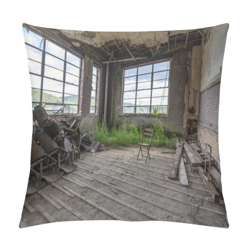 Personality  Pile Of Broken Seats, Weeds And A Single Wooden Chair In  The Classroom Of An Abandoned School Building Pillow Covers