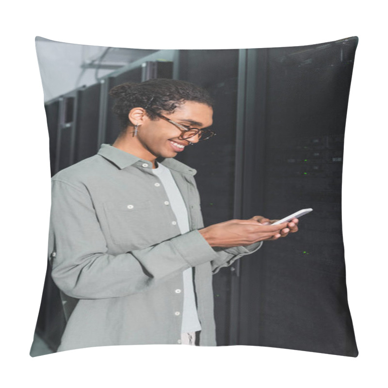 Personality  Joyful African American Programmer Messaging On Mobile Phone Near Server In Data Center Pillow Covers