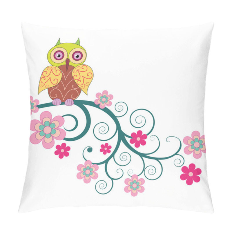 Personality  A Cute Owl Sitting On The Branch Of Flowers Pillow Covers