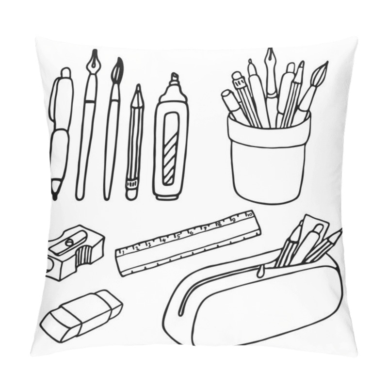 Personality  Brushes, Pencils, Pens, Ruler, Sharpener And Eraser Icons. Pillow Covers