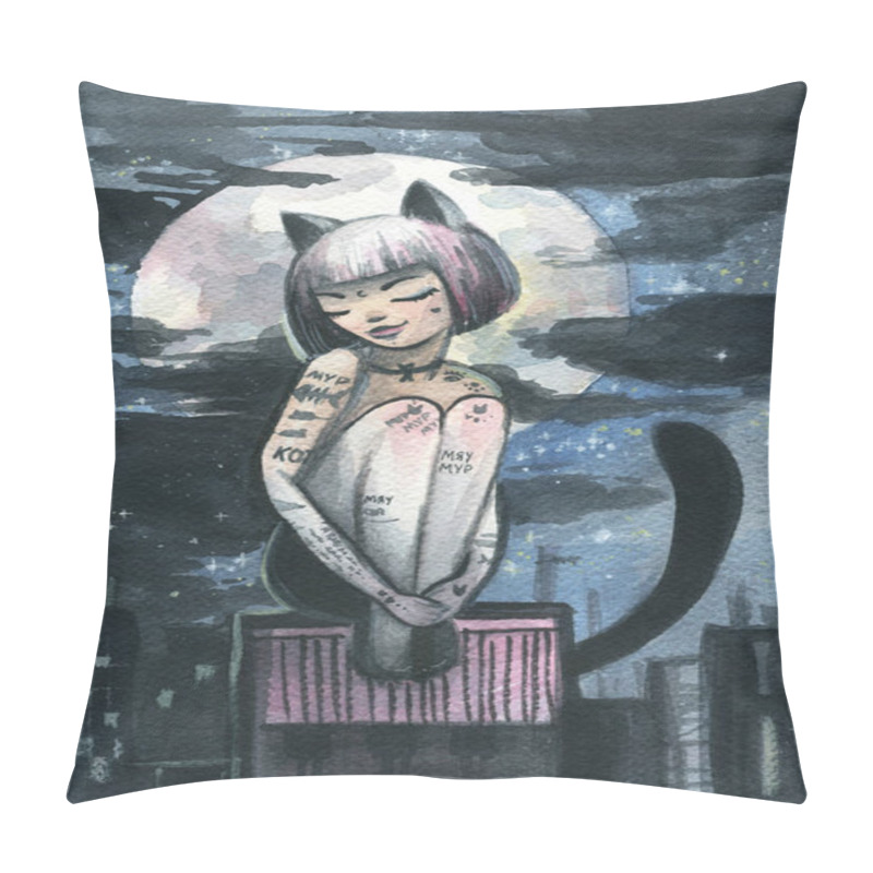 Personality  Beautiful Cat Woman Walks On The Roofs Of The Night City. Cat Woman With Tattoos On Her Body. Watercolor Illustration. Pillow Covers