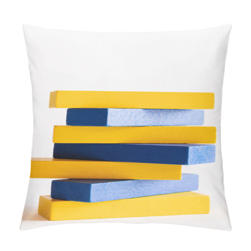 Personality  Stack Of Blue And Yellow Blocks On White Background, Ukrainian Concept Pillow Covers