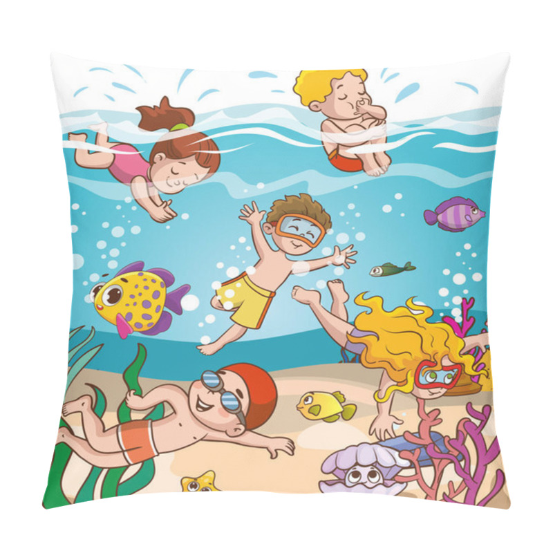 Personality  Children Have Fun Diving Under Water. Funny Cartoon Character. Vector Illustration..Cute Kids Diving In The Sea. Cartoon Children Snorkeling In The Ocean.  Pillow Covers