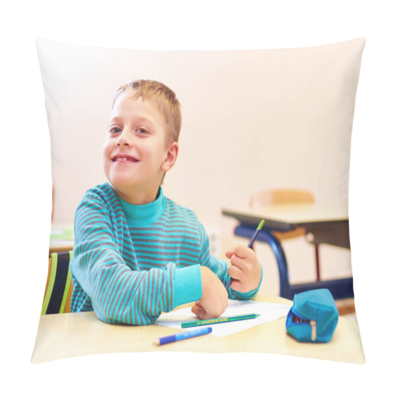 Personality  Cute Boy With Special Needs Writing Letters While Sitting At The Desk In Class Room Pillow Covers