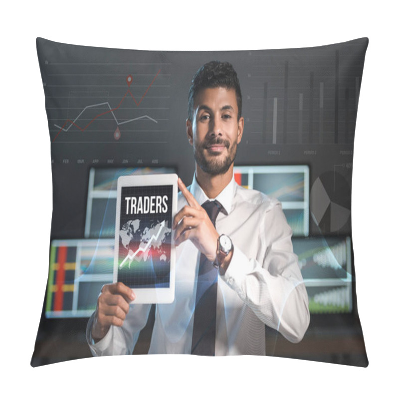 Personality  Happy Bi-racial Man Holding Digital Tablet With Traders Letters  Pillow Covers