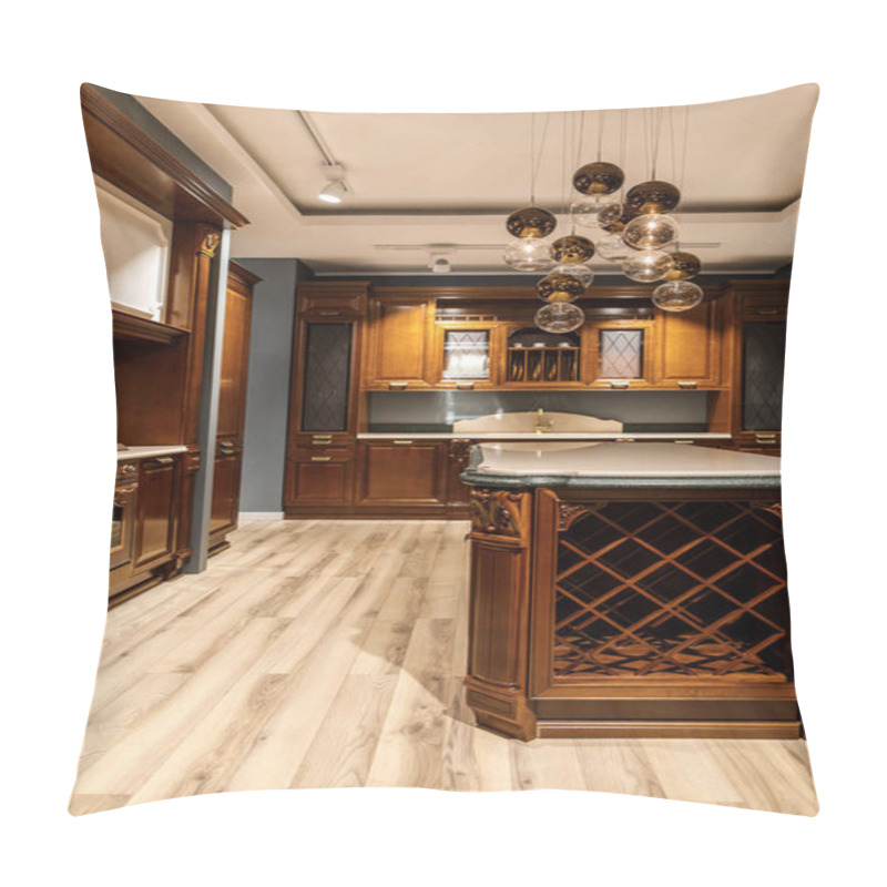 Personality  Stylish Kitchen With Large Wooden Counter And Chandelier Pillow Covers