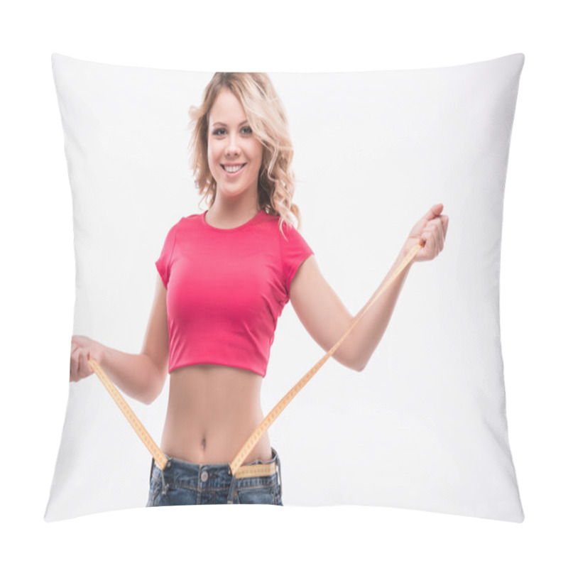 Personality  Slim Waist Of Young Woman In Big Jeans With Measuring Tape Showi Pillow Covers