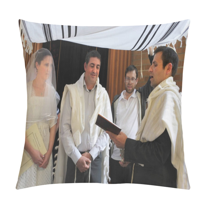 Personality  Rabbi Blessing Jewish Bride And A Bridegroom In Modern Orthodox Jewish Wedding Ceremony In Synagog. Pillow Covers