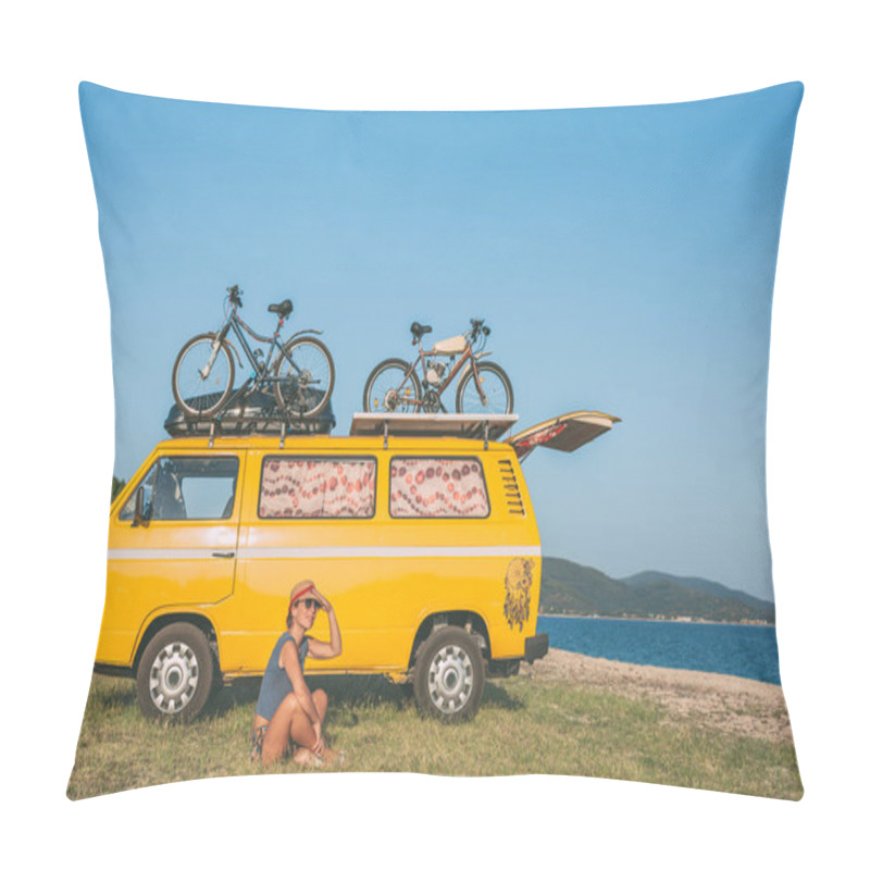 Personality  Summer Holidays, Road Trip, Vacation, Travel And People Concept - Young Hippie Women In Front Of Minivan Car On Beach Pillow Covers