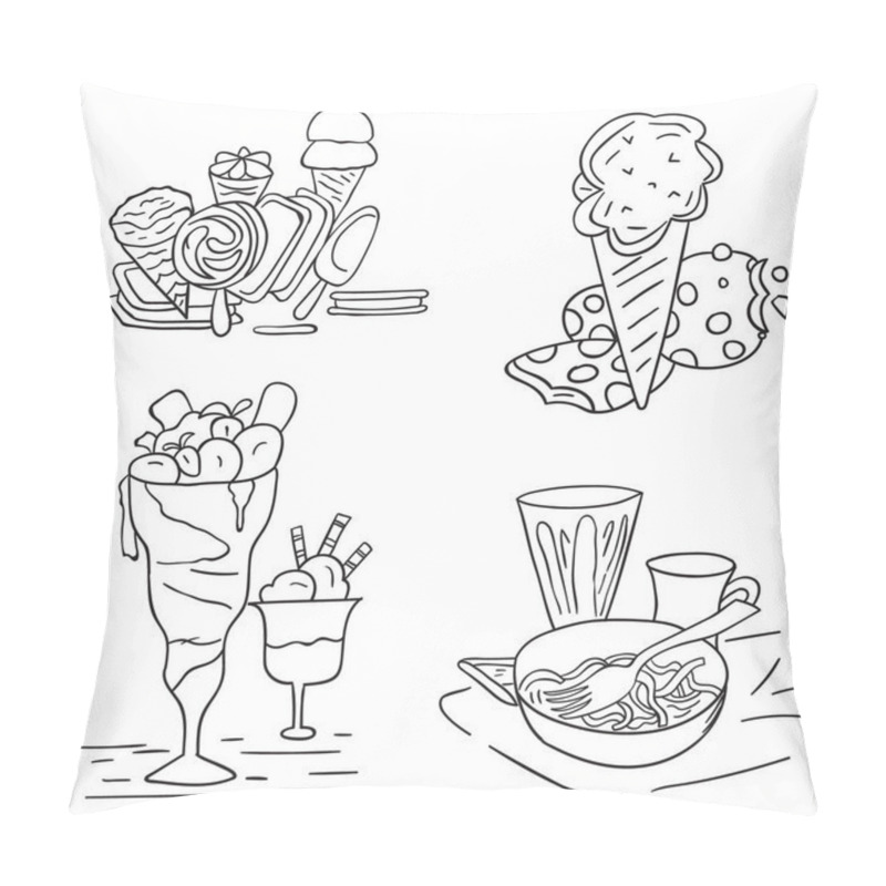 Personality  Beautiful Ice Cream Set In Black And White Drawing Summer Vacation Coloring Page For Kids Vector Pillow Covers