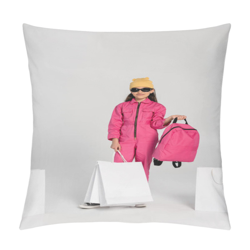 Personality  Happy Schoolgirl In Beanie Hat And Sunglasses Holding Shopping Bags And Backpack On Grey, Style Pillow Covers