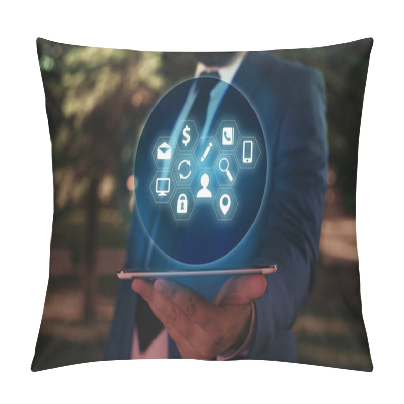 Personality  Male Human Presenting A Presentation Using The Latest Sophisticated Devices. Man Wear Formal Working Suit Introducing How Smart Gadget Works. Photo Of Modern Life. Pillow Covers