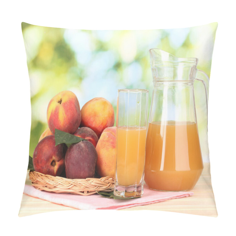 Personality  Ripe Peaches And Juice On Wooden Table On Natural Background Pillow Covers