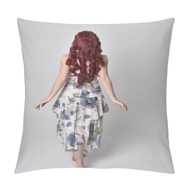 Personality  Portrait Of A Beautiful Woman With Red Hair Wearing  A  Flowing Floral Gown.  Full Length Standing Pose, Isolated Against A Studio Background Pillow Covers