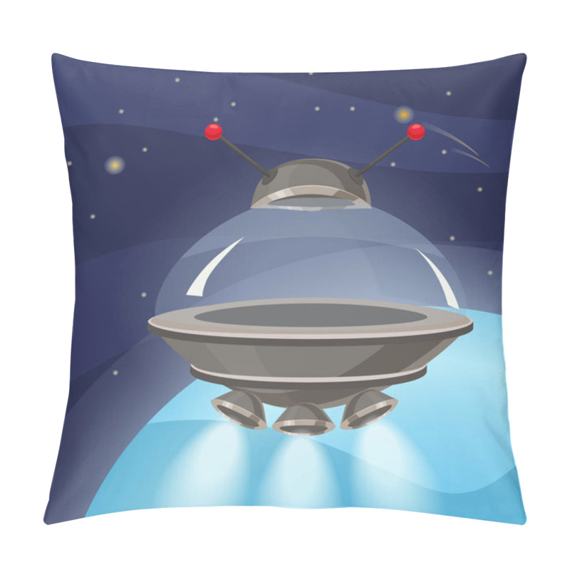 Personality  UFO Spaceship, Cartoon Style, Background Space Planet, Isolated, Vector, Illustration Pillow Covers