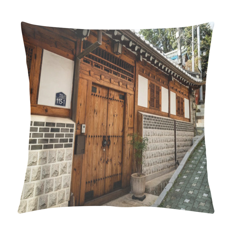 Personality  Traditional Korean Architecture Old Houses And Street View At Bukchon Hanok Village Seoul South Korea Pillow Covers