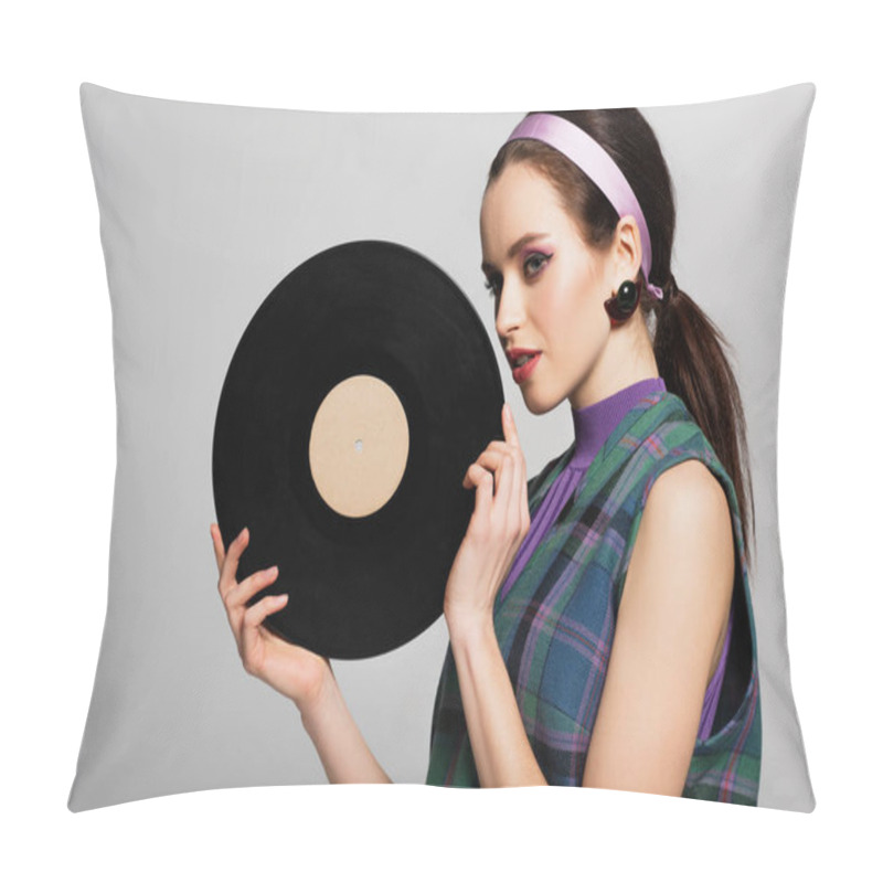 Personality  Pretty Young Woman In Headband Holding Retro Vinyl Disc Isolated On Grey Pillow Covers