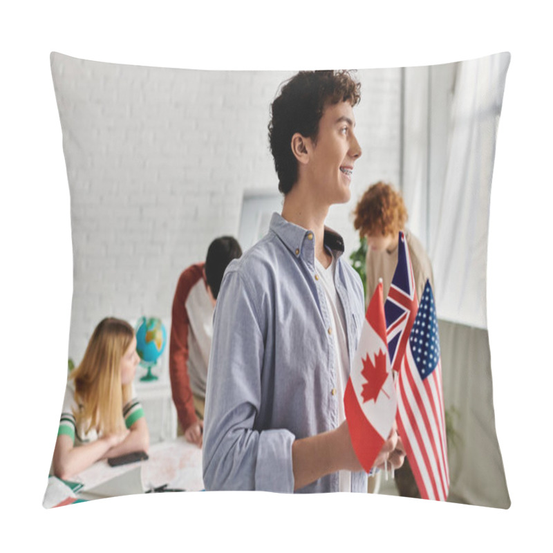 Personality  Teen Boy Holds Flags Of Canada, UK, US In Model UN. Pillow Covers