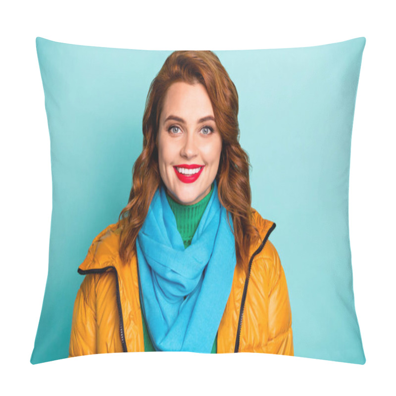 Personality  Closeup Photo Of Pretty Beautiful Lady Toothy Beaming Smiling Enjoy Warm Spring Day Wear Casual Yellow Overcoat Blue Scarf Green Turtleneck Isolated Teal Color Background Pillow Covers