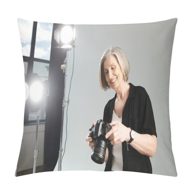 Personality  Middle-aged Woman Holds A Camera, Capturing The Vibrant Light. Pillow Covers